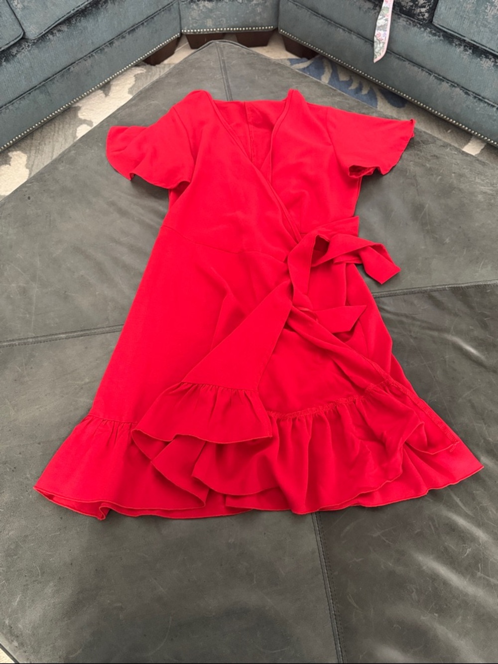 Red Wrap-Style Ruffle Hem Dress